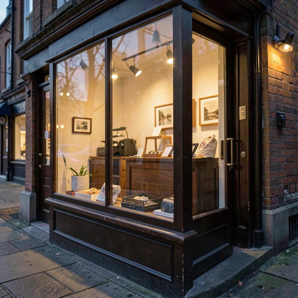 Vertical atmospheric shot of the shop window from outside at dusk, warm interior