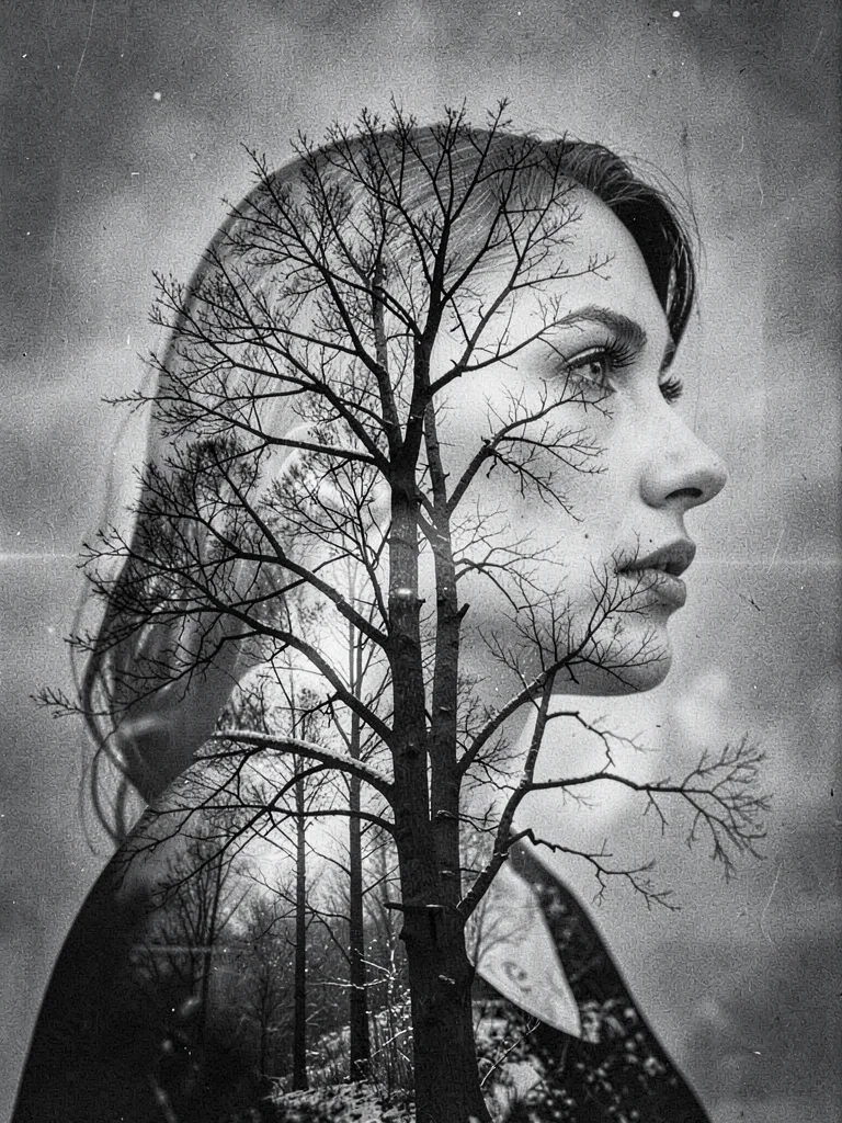 Widow's profile merged with winter branches, grief growing through her like bare