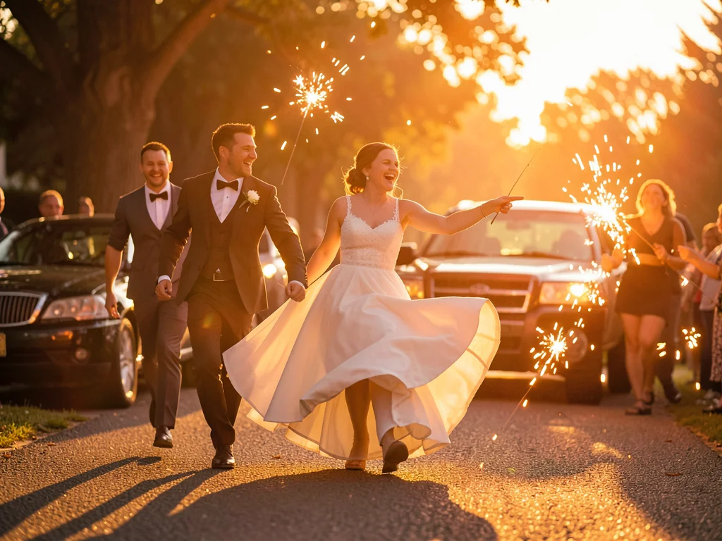 Newlyweds running to car through sparklers, golden hour plus sparkler light, dre
