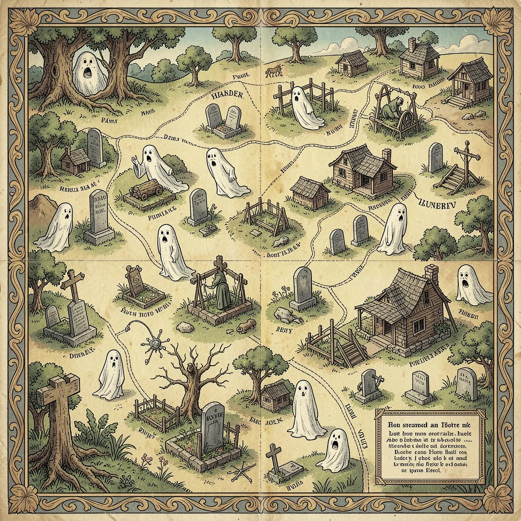 Illustrated map illustration, Haunted locations map with ghosts and graveyards ,
