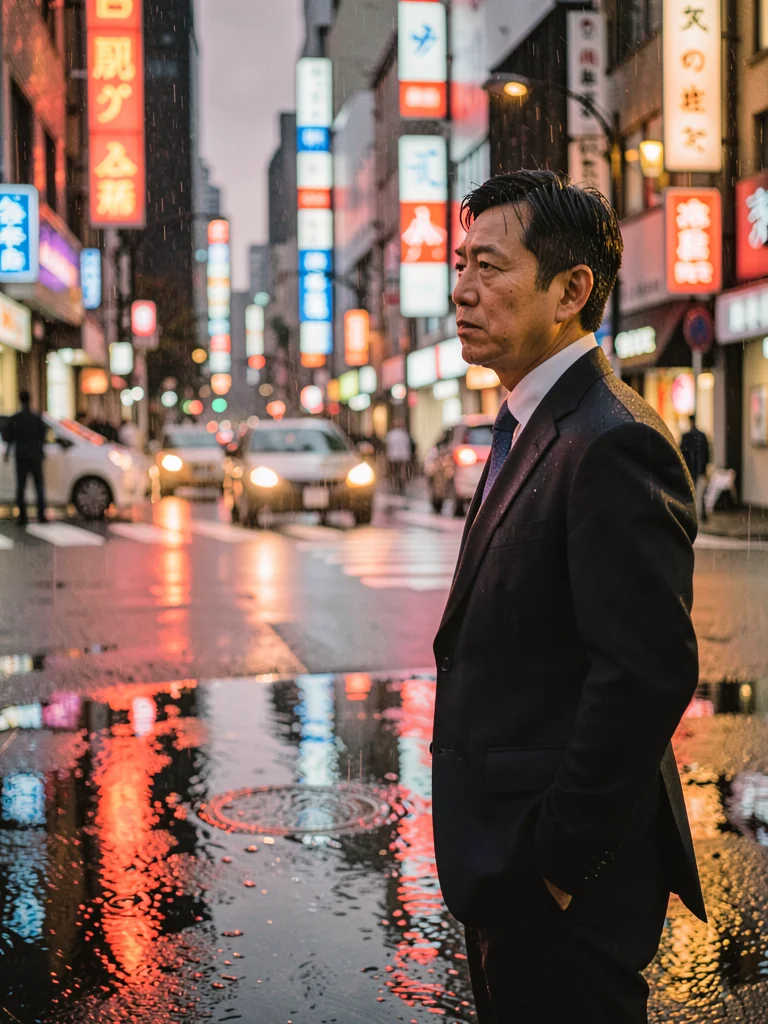 Salaryman waiting at a rain-slicked intersection, neon signs defocused behind hi