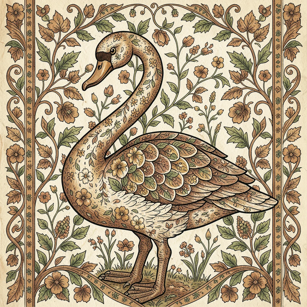 Kalamkari pen illustration, a swan with elegant curved neck , hand-drawn pen lin