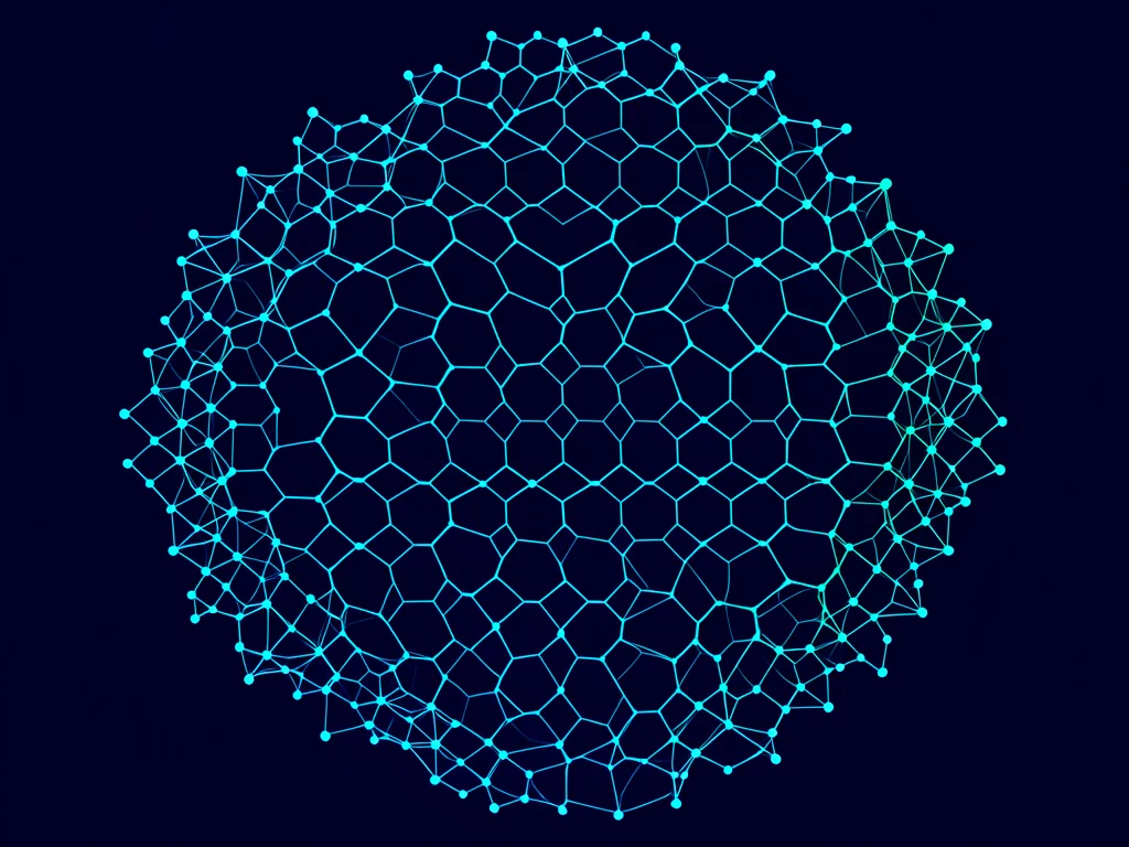 Hexagonal mesh dissolving at the edges, cyan nodes on deep navy background