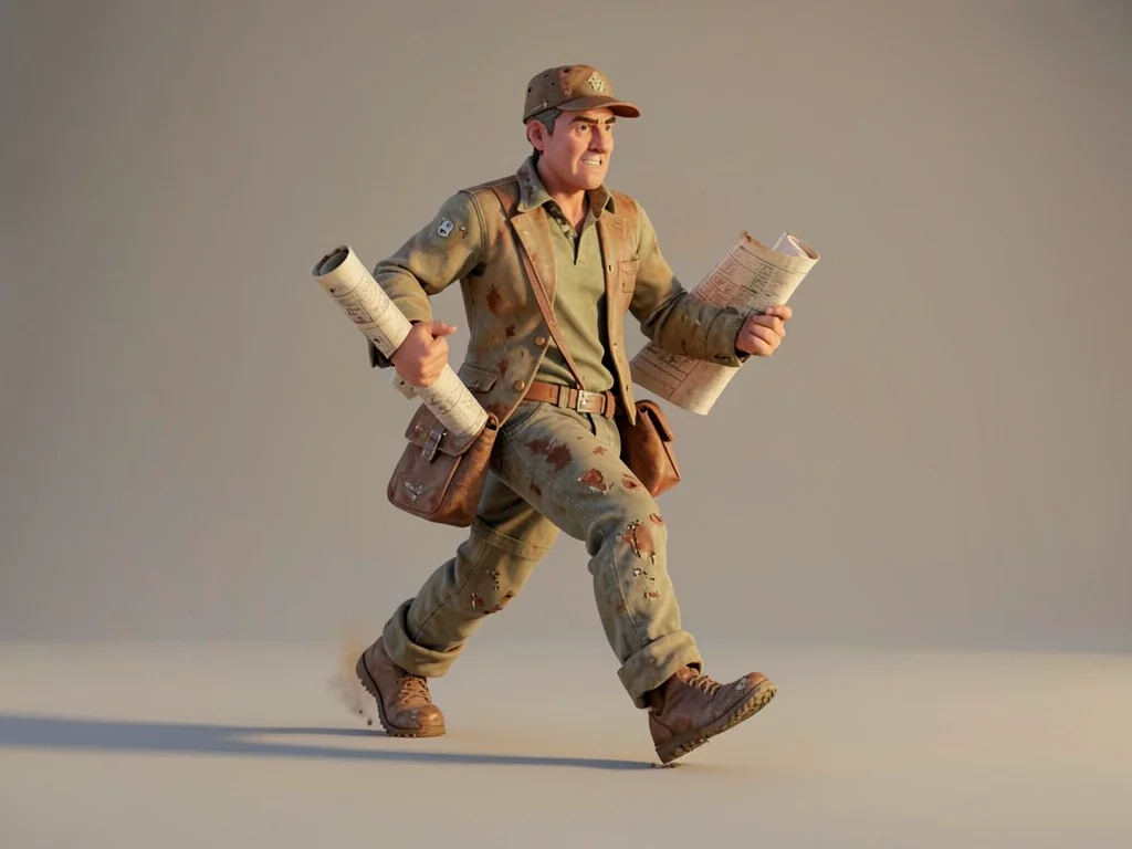 A cartographer mid-step hurries with rolled maps tucked under both arms, satchel