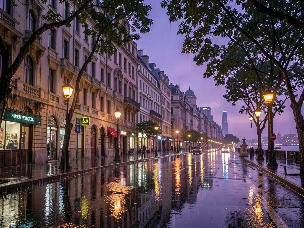 French Concession rain at dusk