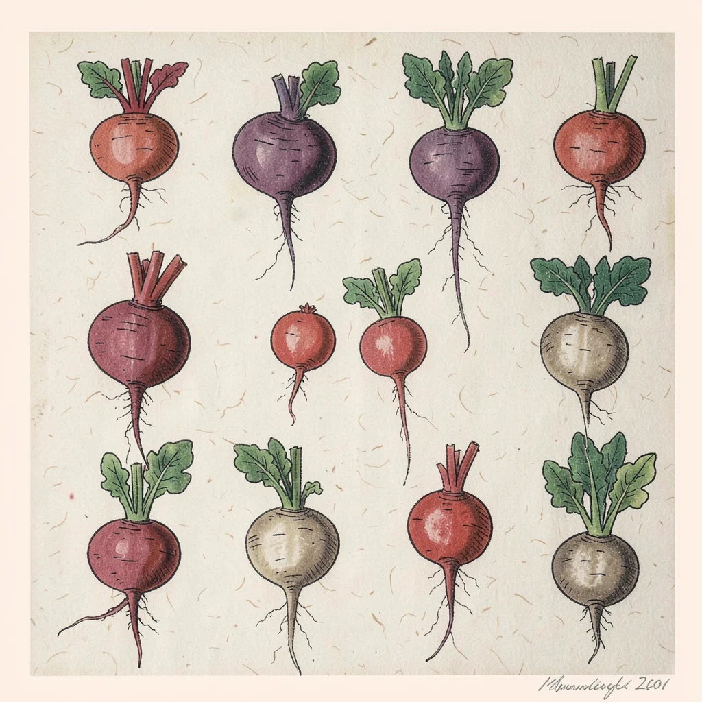 Grid of root vegetables — beets, radishes, turnips — arranged on undyed paper