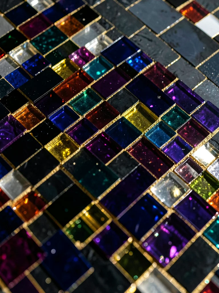 A pile of unset glass mosaic tesserae in deep jewel colors on a dark surface