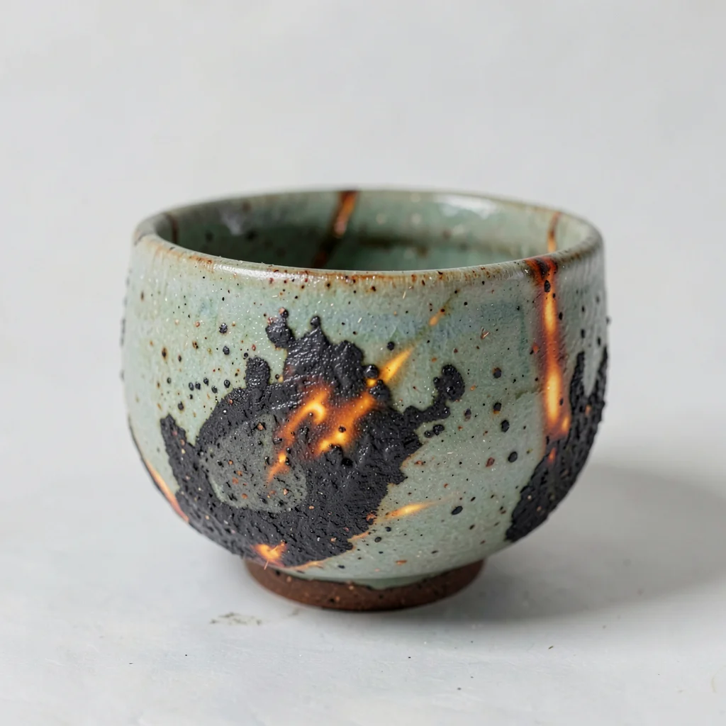 A wood-fired tea bowl with heavy ash deposit and orange flash marks