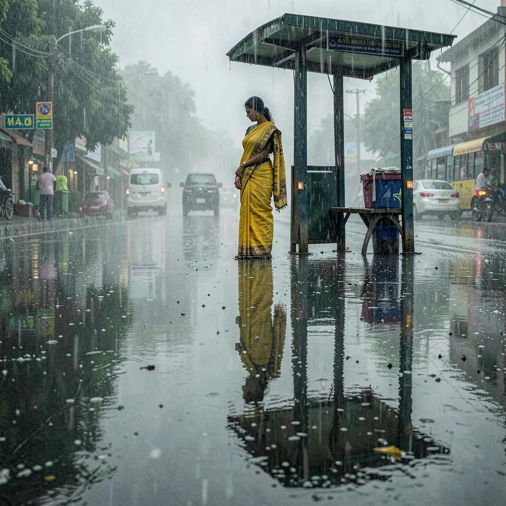 Monsoon season photograph, heavy rain atmosphere, A woman in a yellow saree wait