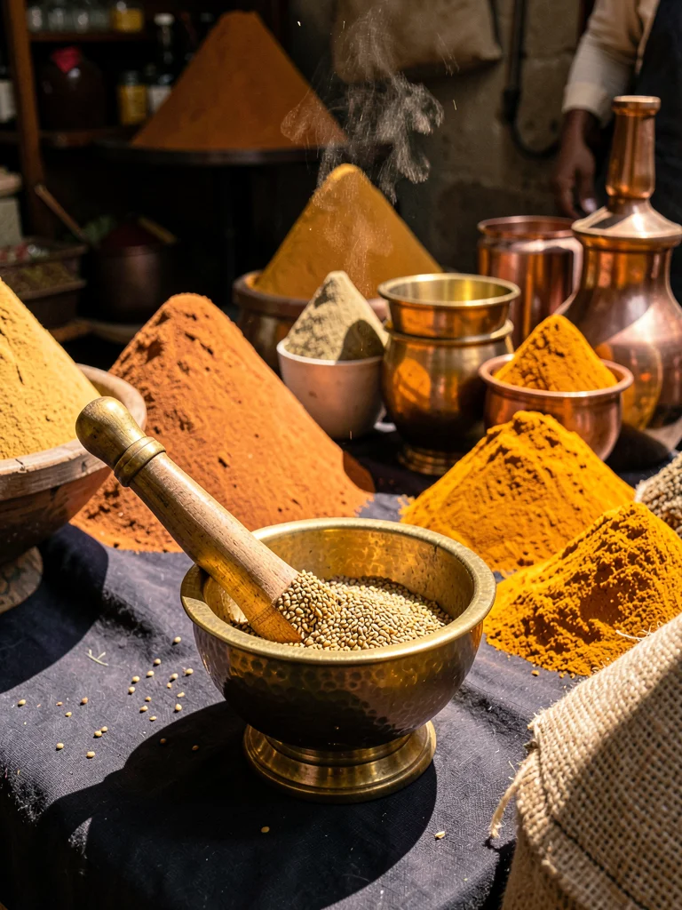 Cumin Seeds Ground in Brass Mortar