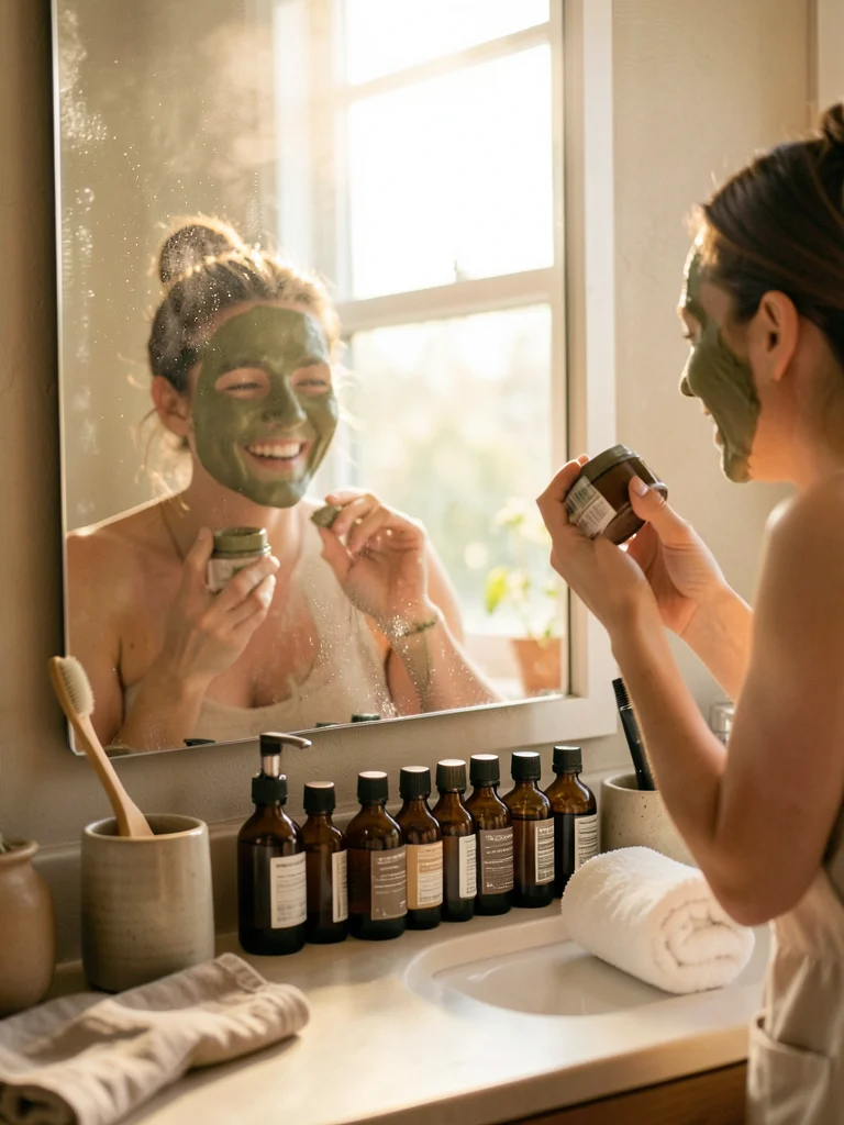 A bathroom mirror reflecting a person mid-skincare routine, their face half-cove