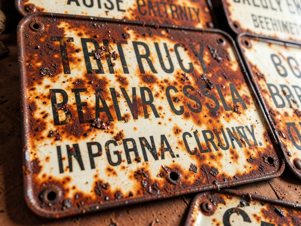 Vintage tin signs with rust edges, advertising entropy, commercial decay