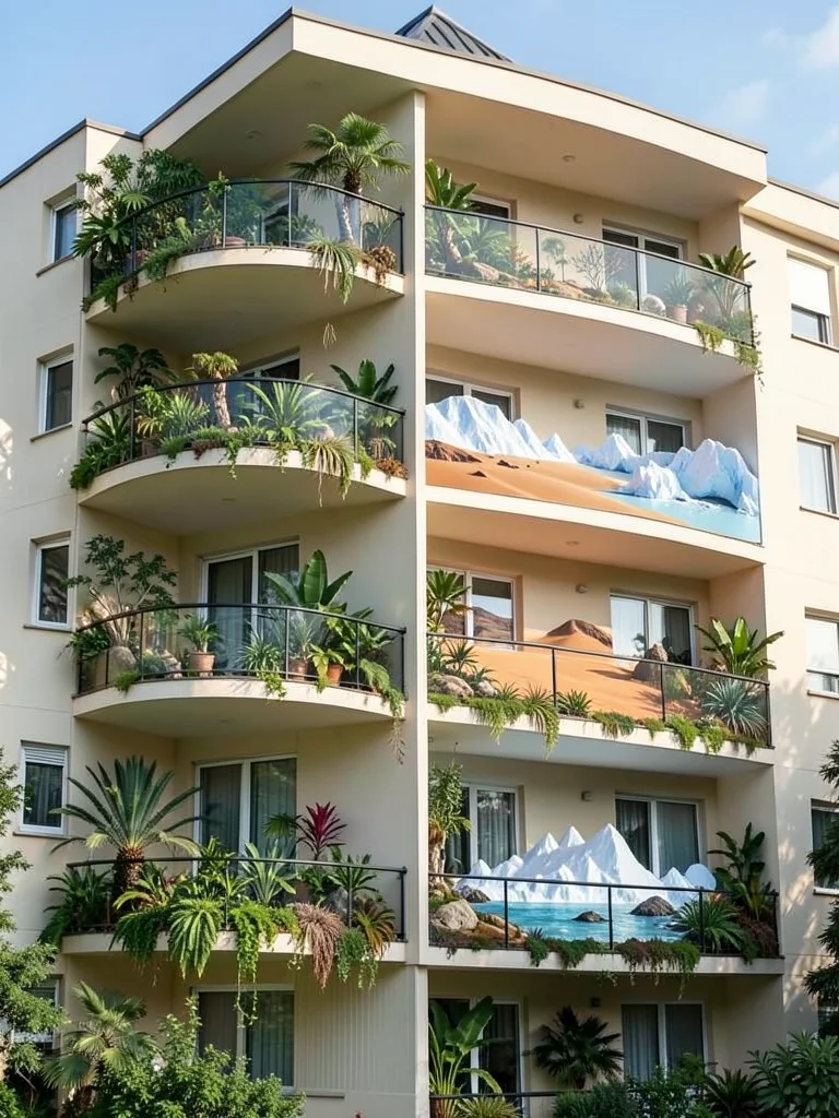 Apartment building where each balcony is a different ecosystem — jungle, desert,