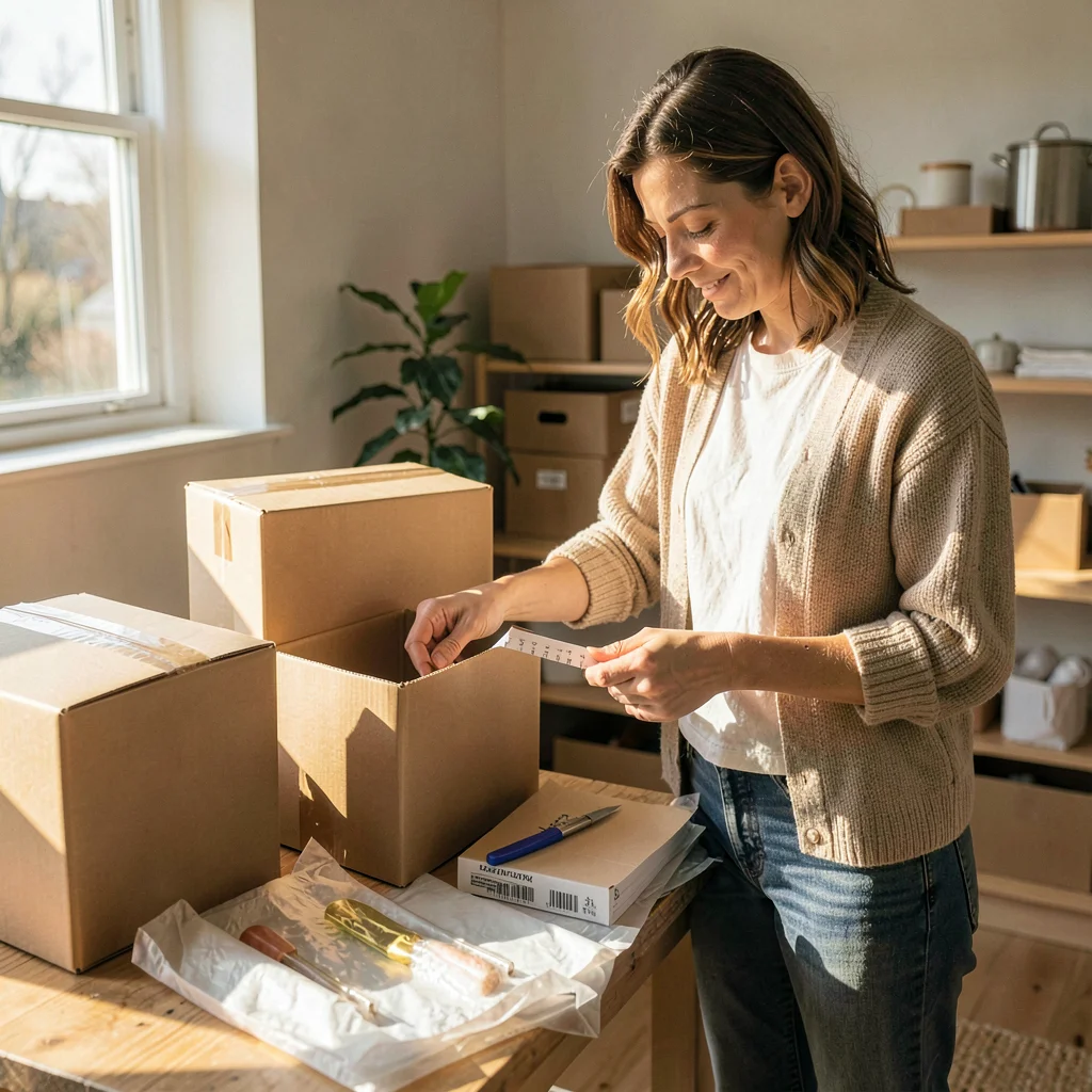 Lifestyle product photograph, Small business owner packing orders, shipping mate