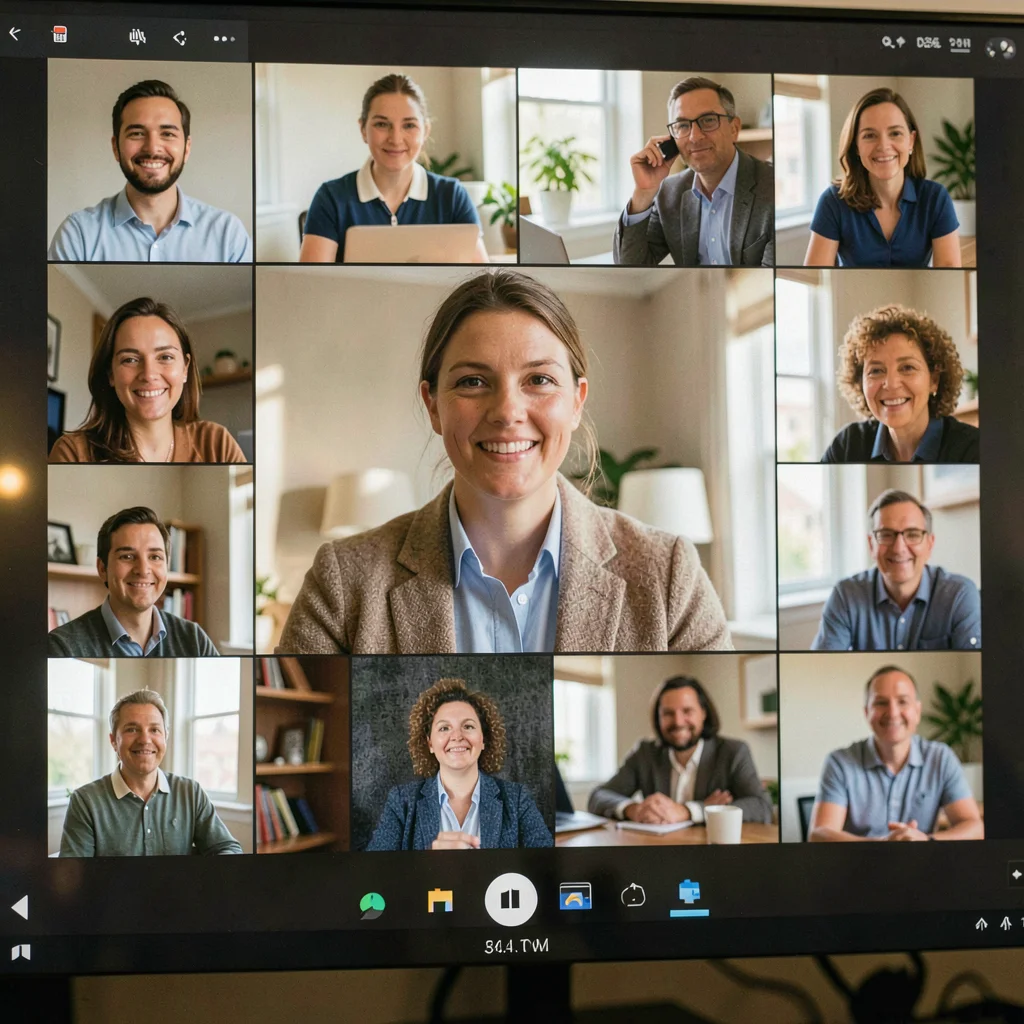 Documentary photograph, Virtual meeting screen showing grid of participants, one