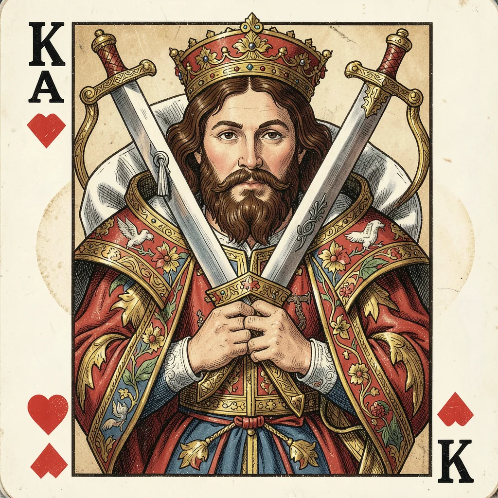 Playing card face illustration, King of Hearts, classic suicide king with sword 