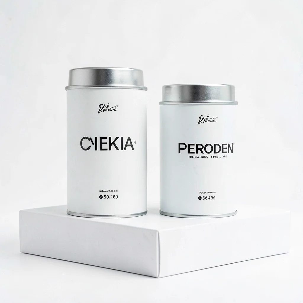 Minimal still of two unbranded canisters at slight offset on a white plinth