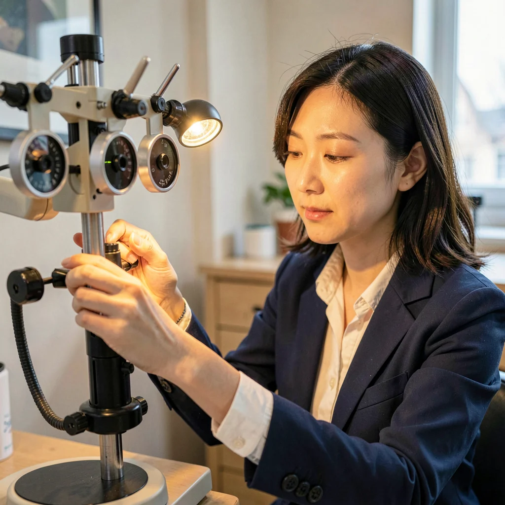 A focused Korean optometrist in her thirties adjusting a phoropter, lamp warmth 