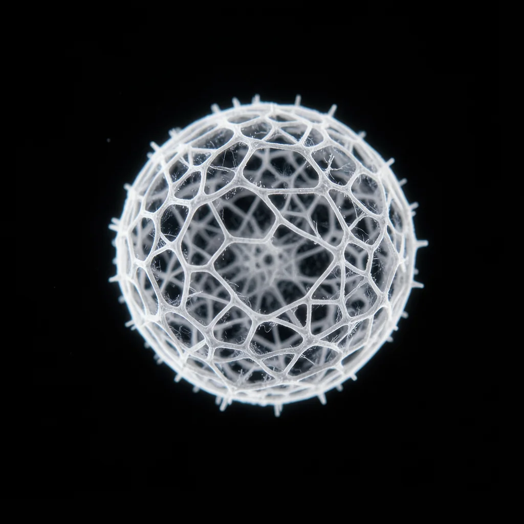 Radiolarian skeleton in darkfield, intricate silica lattice sphere glowing white