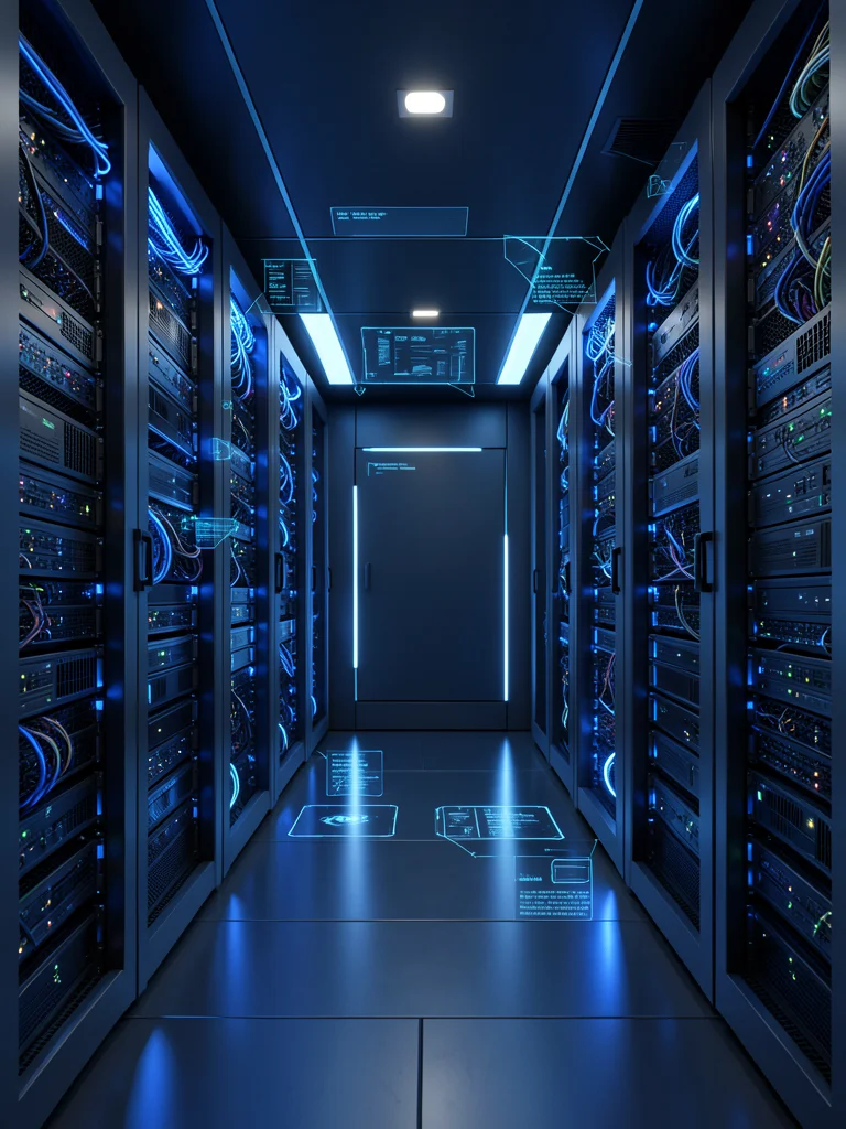 Server room corridor with blue LED rack lights, symmetrical perspective