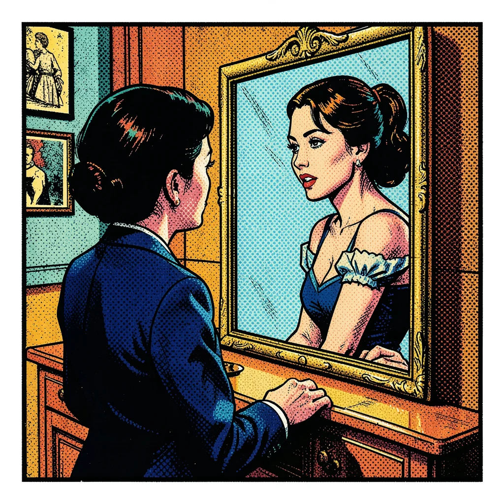 Halftone dot illustration, woman looking in mirror , Ben-Day dots, pop art aesth