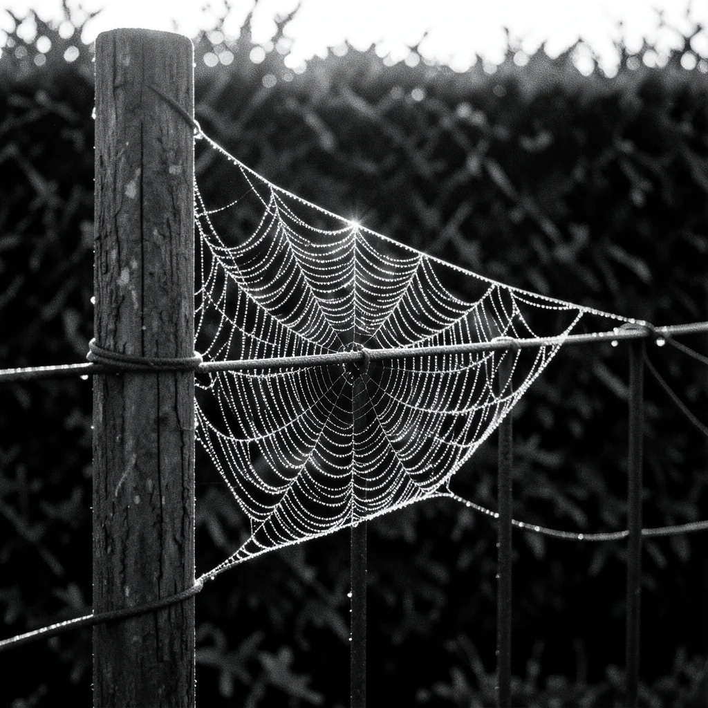 A cobweb between fence posts, each strand beaded with morning dew, backlit to gl
