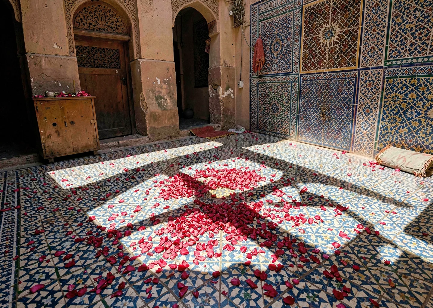 Geometric shadow play in Marrakech medina, rose petals drying on geometric tile 