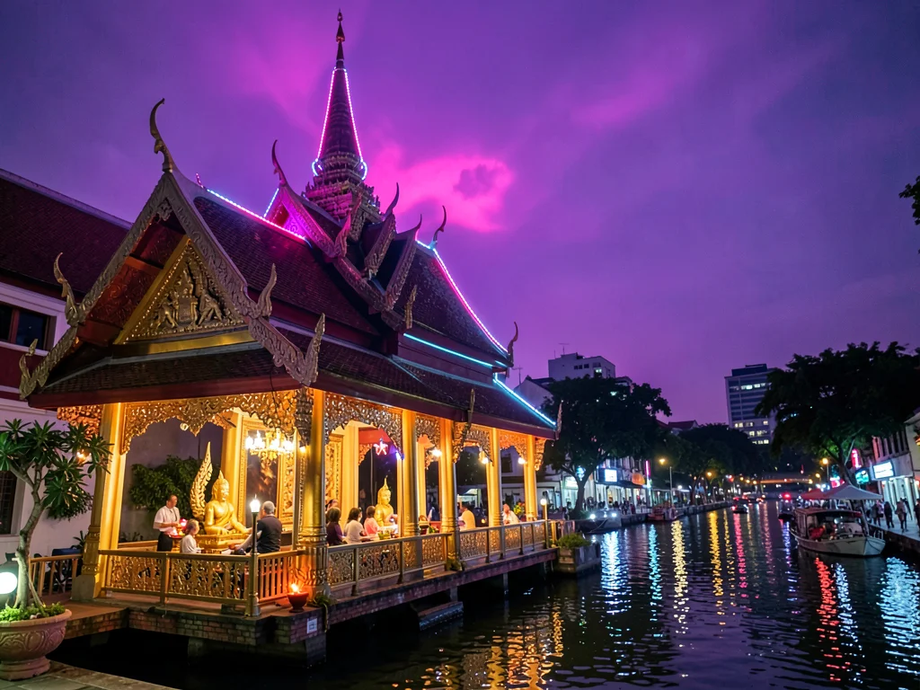 Temple silhouette against neon sky glow