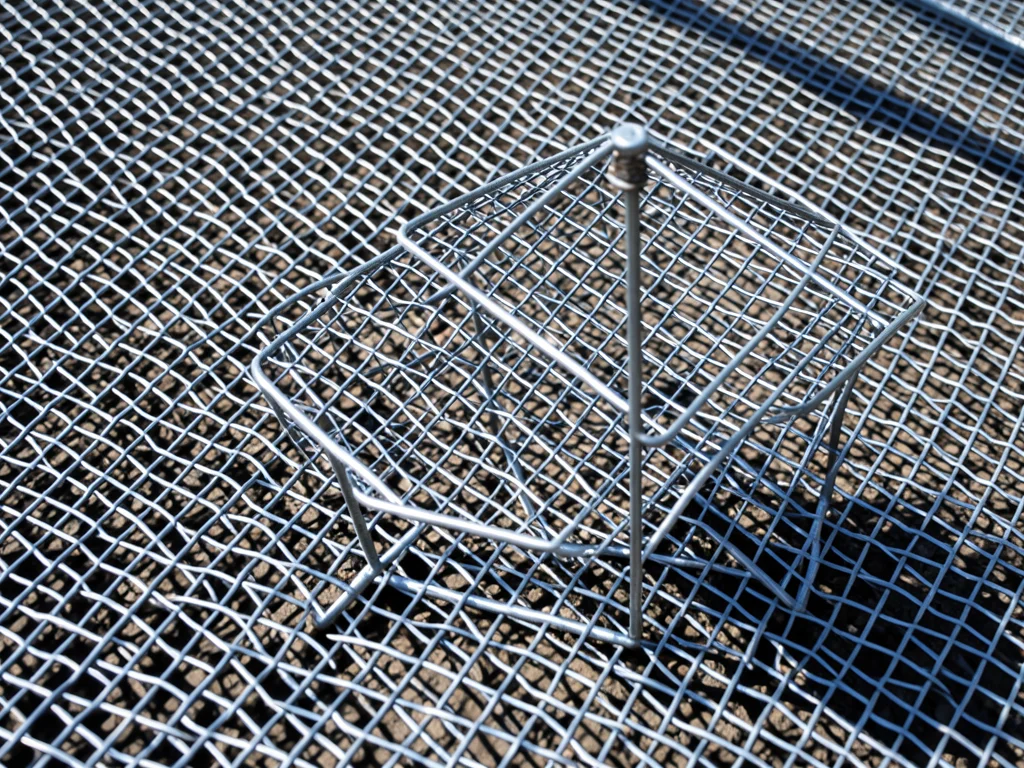 Wire mesh sculpture of beach chair and umbrella, fine gauge, shadow casting
