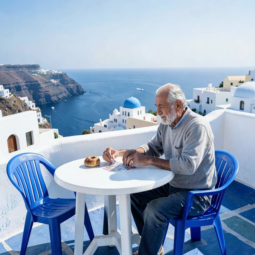 Sidi Bou Said cobalt-white, cliff-top absolute palette, Elderly man playing card