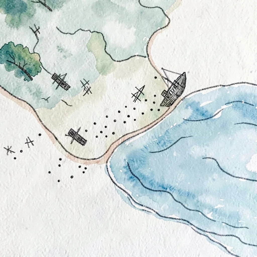 plan view of a coastline with shipwreck dots