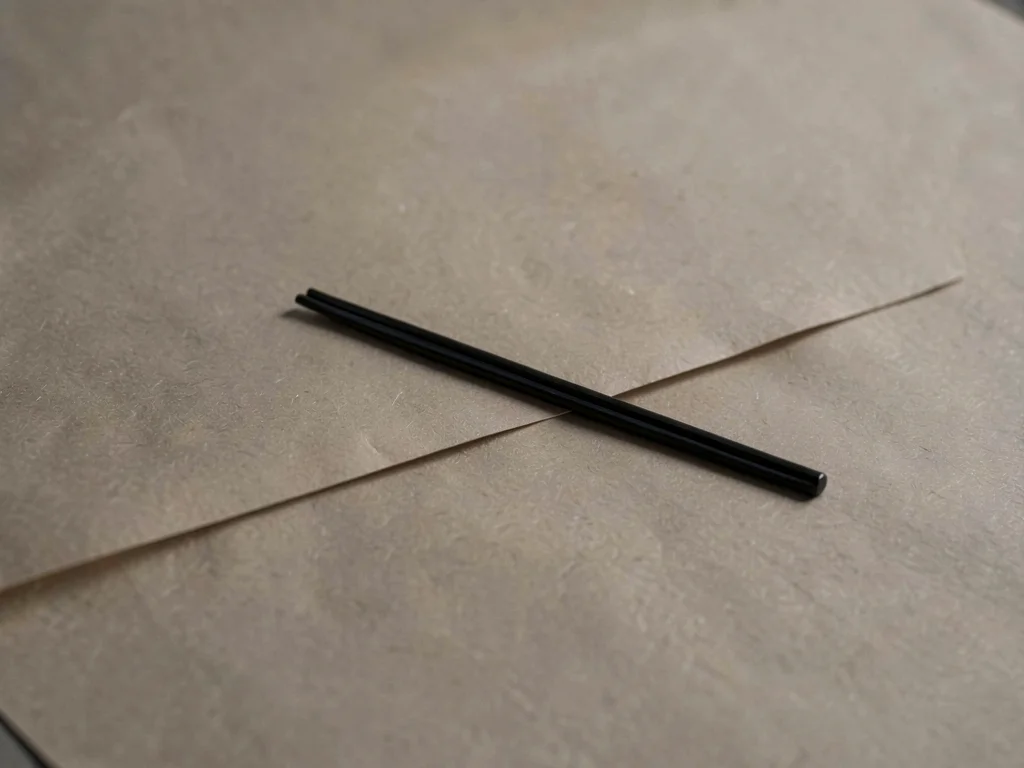 A single black lacquer chopstick resting alone on warm-grey paper, lacquered sur