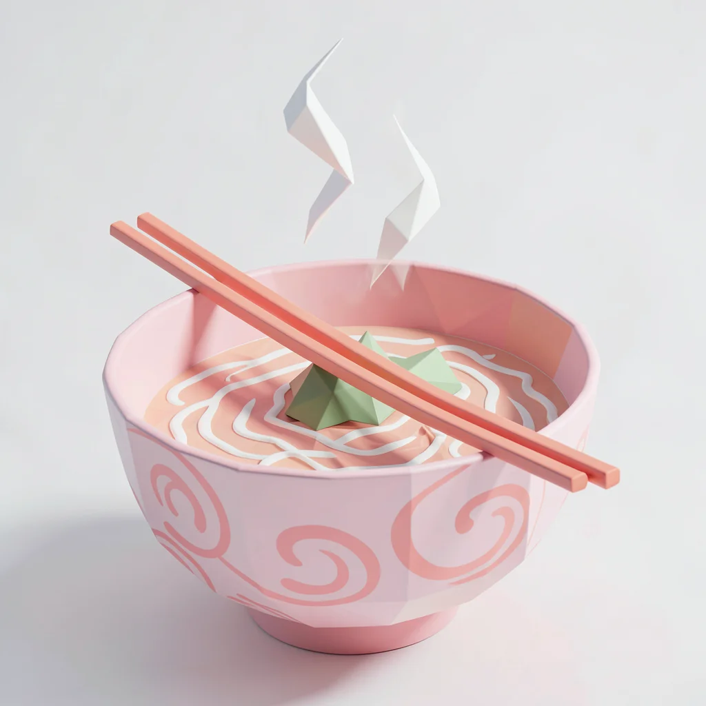 Bowl of faceted ramen with a pink swirl pattern, two coral chopsticks crossed ov