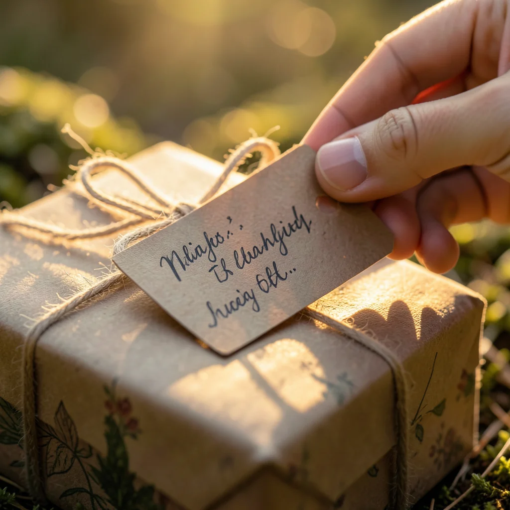 Close-up of gift tag being written in calligraphy, wrapped present beneath