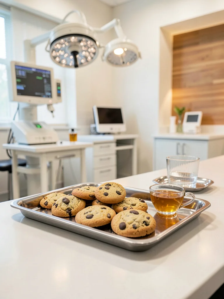 Surgical steel tray holding artisanal cookies and tea, operating room soft focus