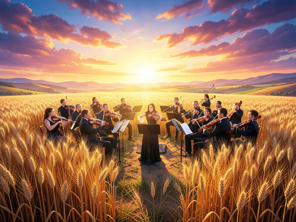 Orchestra performing in wheat field, music stands among golden stalks, golden ho