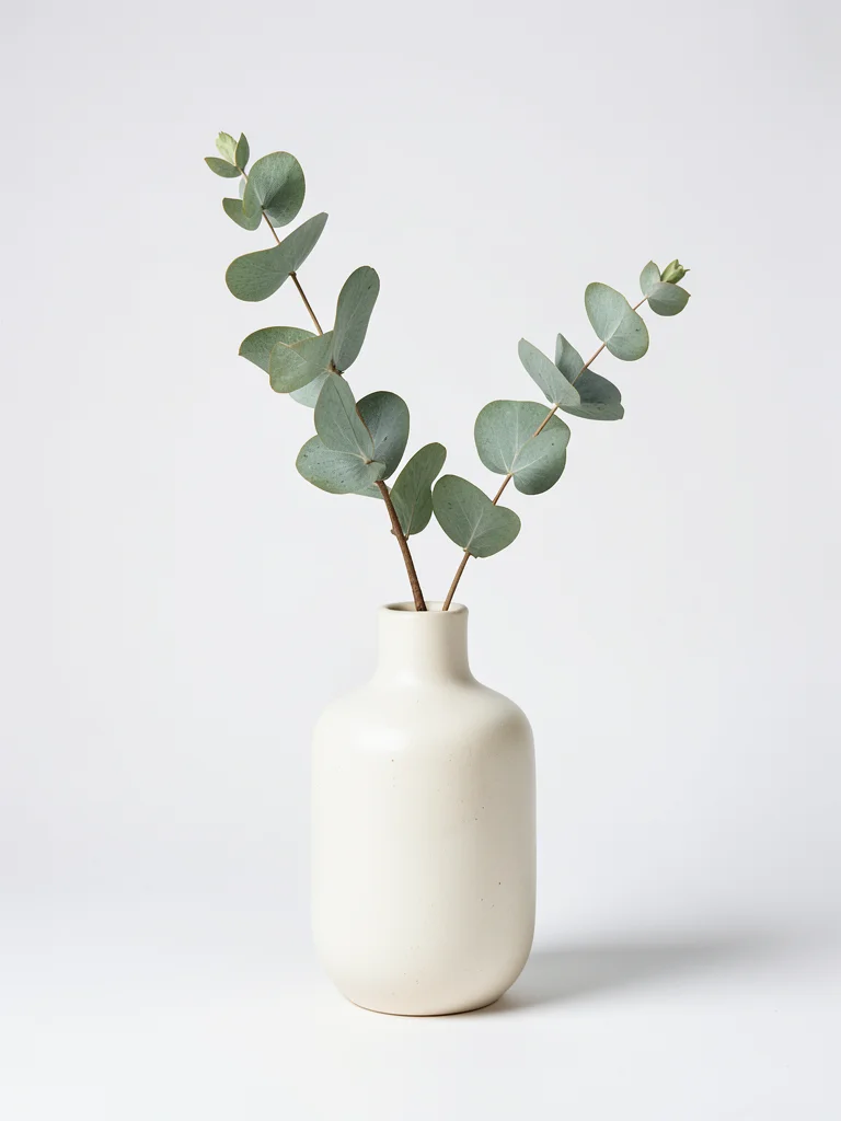 A ceramic vase with a single dried eucalyptus branch, the vase in cream, the bra