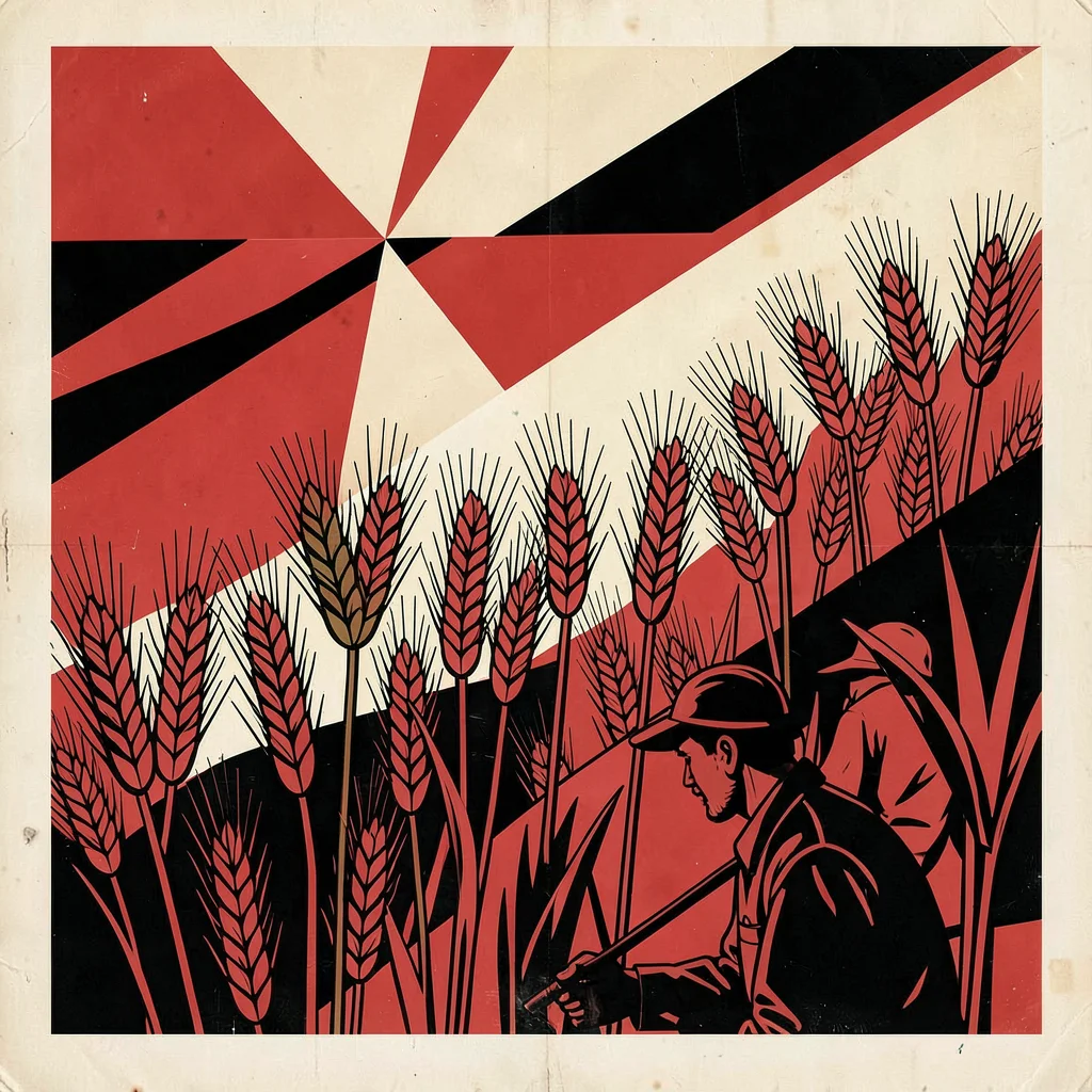 Soviet constructivist poster illustration, a harvest scene with wheat and worker