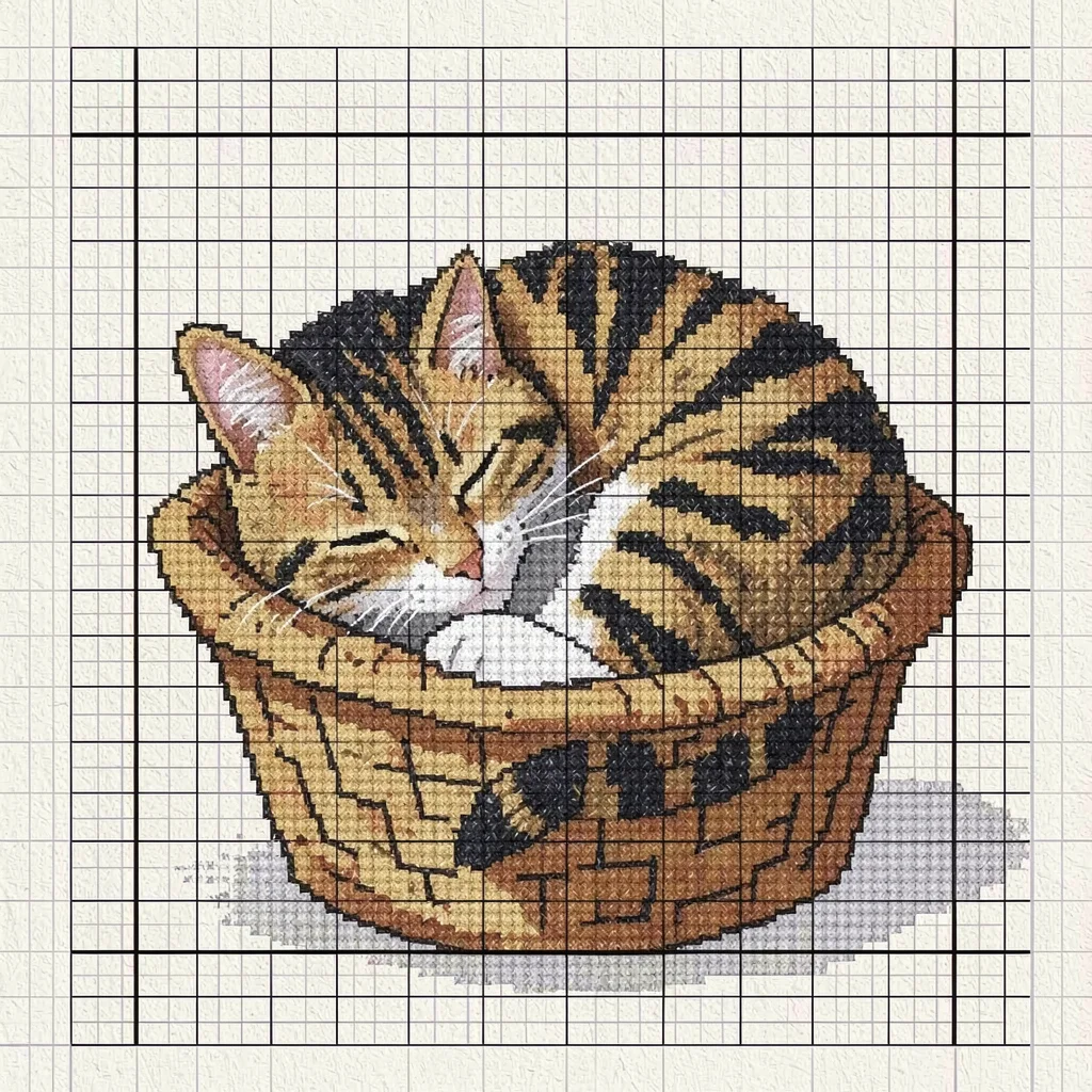 Cross-stitch sleeping cat in basket
