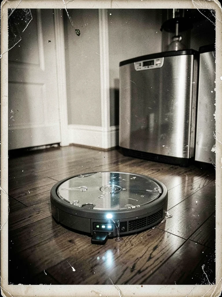 Robot vacuum on hardwood floor, sensors glowing, tintype metallic sheen on moder