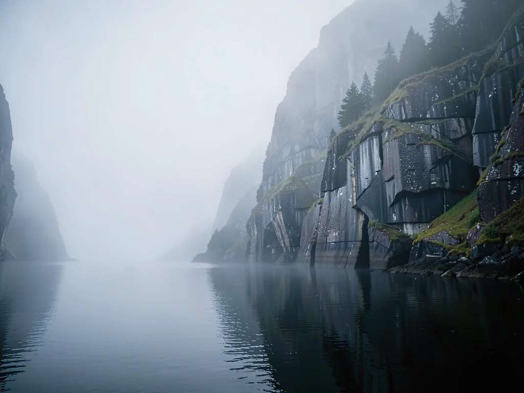 Rock face emerging from mist at water level