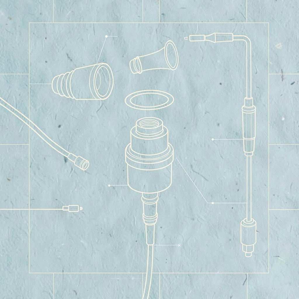 Exploded study of an in-ear monitor with tip, nozzle, driver, and cable arranged