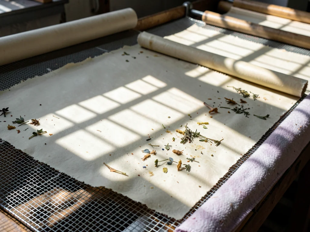 A row of wet handmade sheets drying on a mesh rack, sunlight casting grid shadow