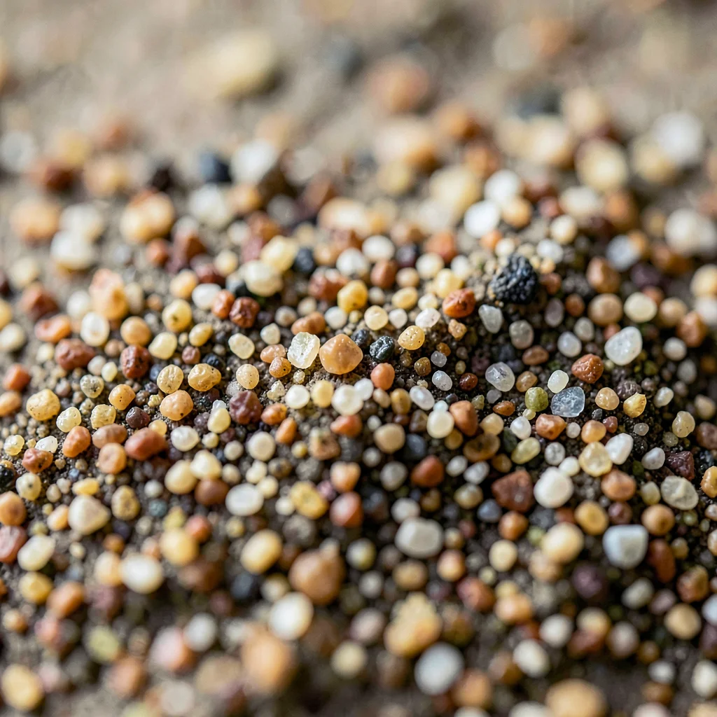 Sand grains in macro looking rough and mineral