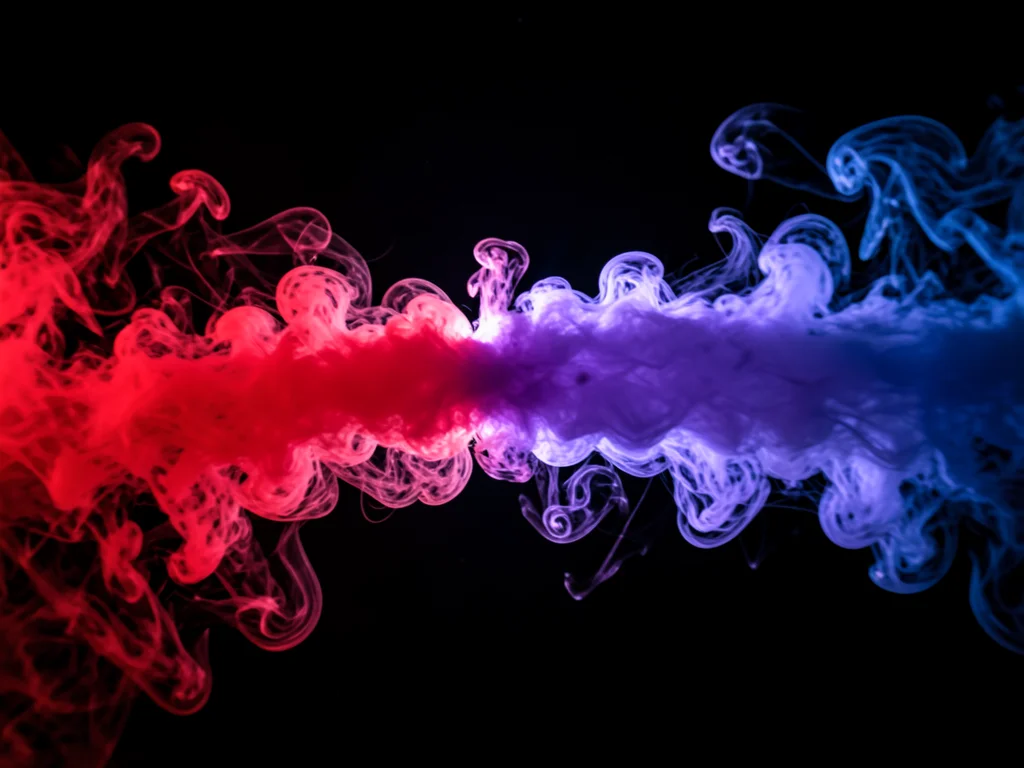 Colored vapor jets colliding: red and blue creating purple turbulence at the int