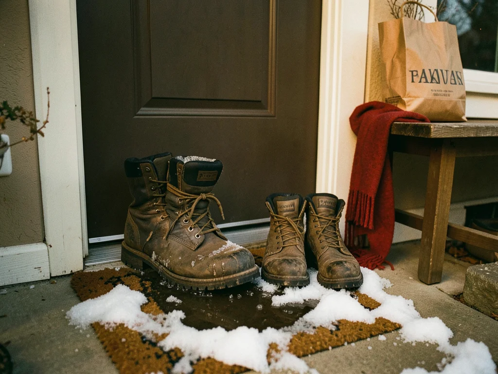 Two pairs of winter boots by a front door, one large and one small, snow melting
