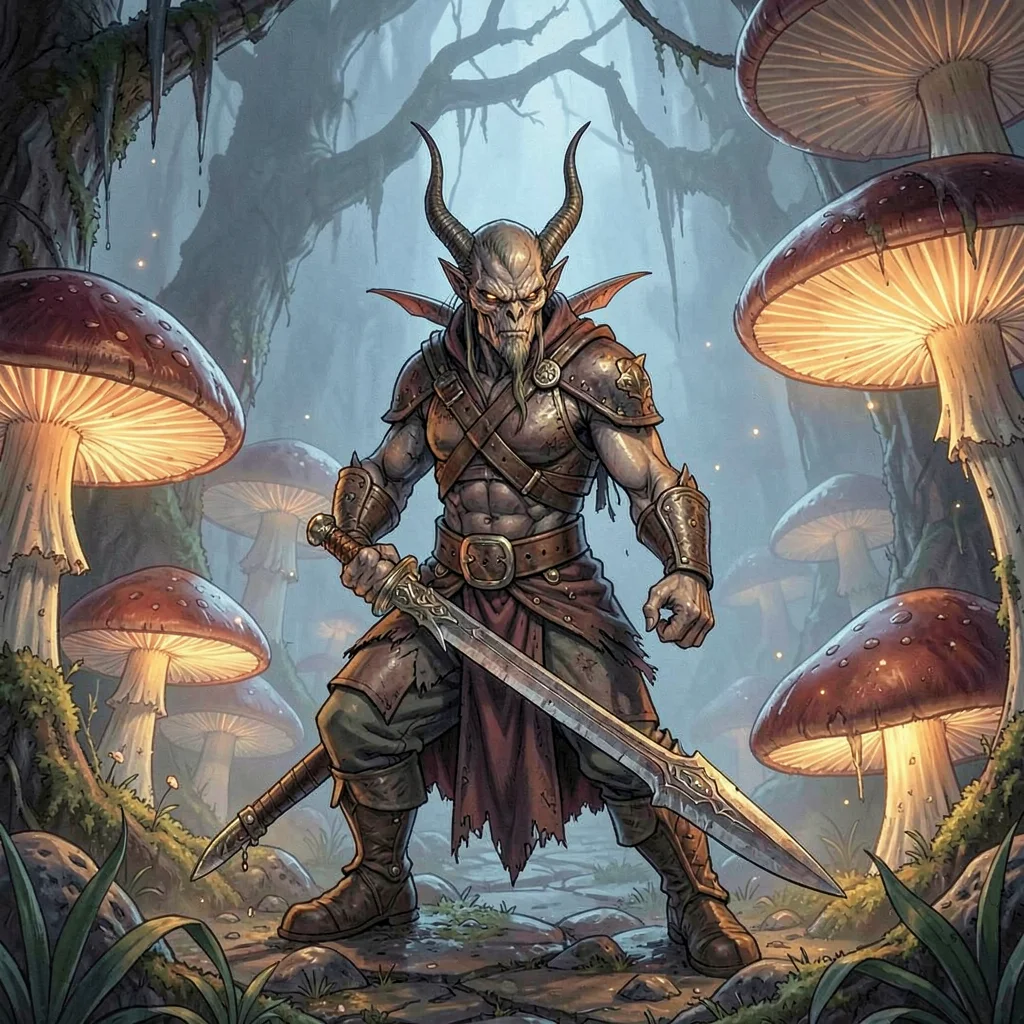 RPG sourcebook illustration, a drow assassin in Underdark, surrounded by giant m