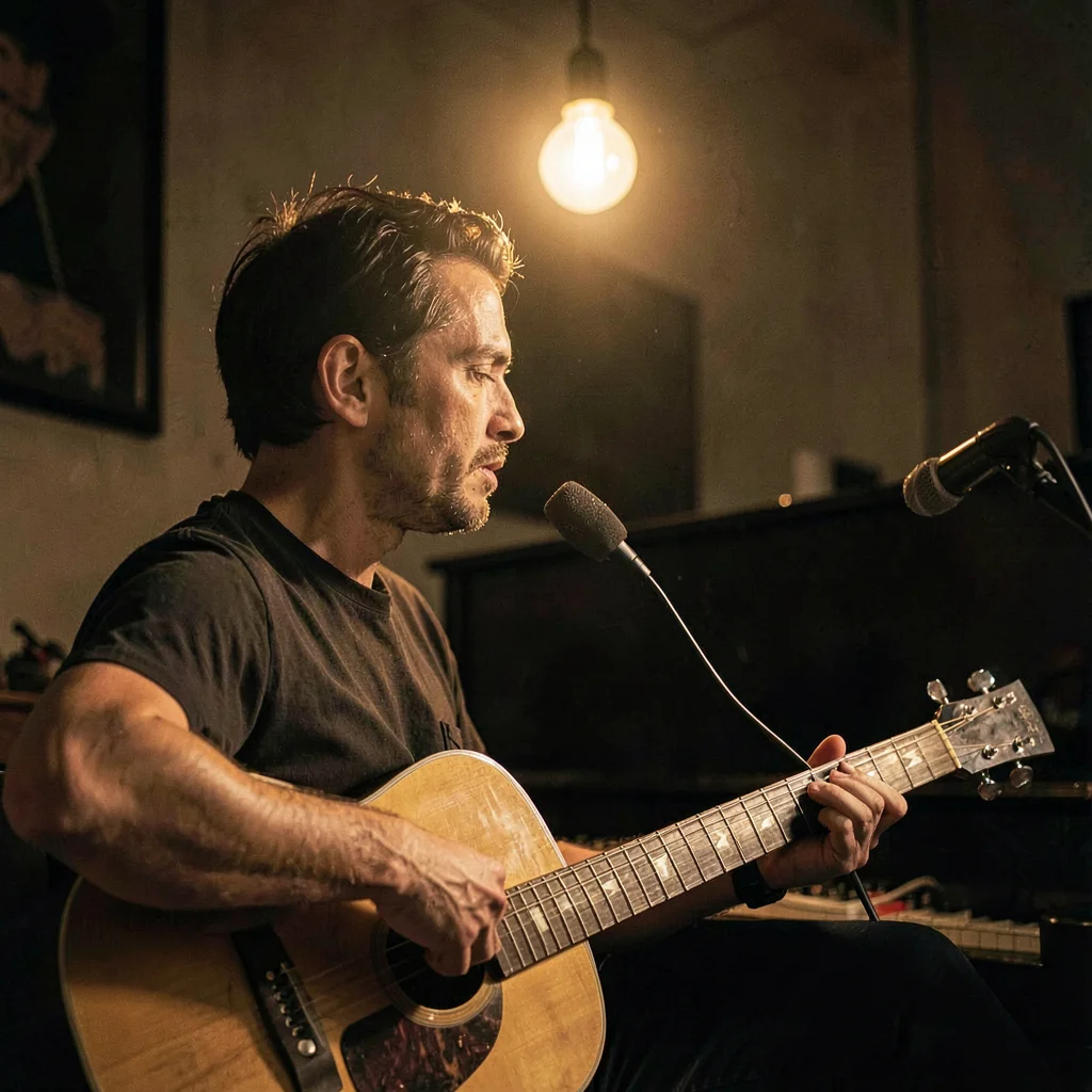 Lamp-lit portrait of a guitarist in profile with a hollow-body, single warm bulb