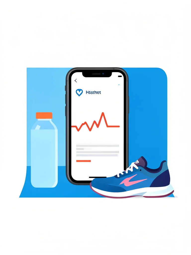 A smartphone displaying a health app with a heart rate line, surrounded by yoga 