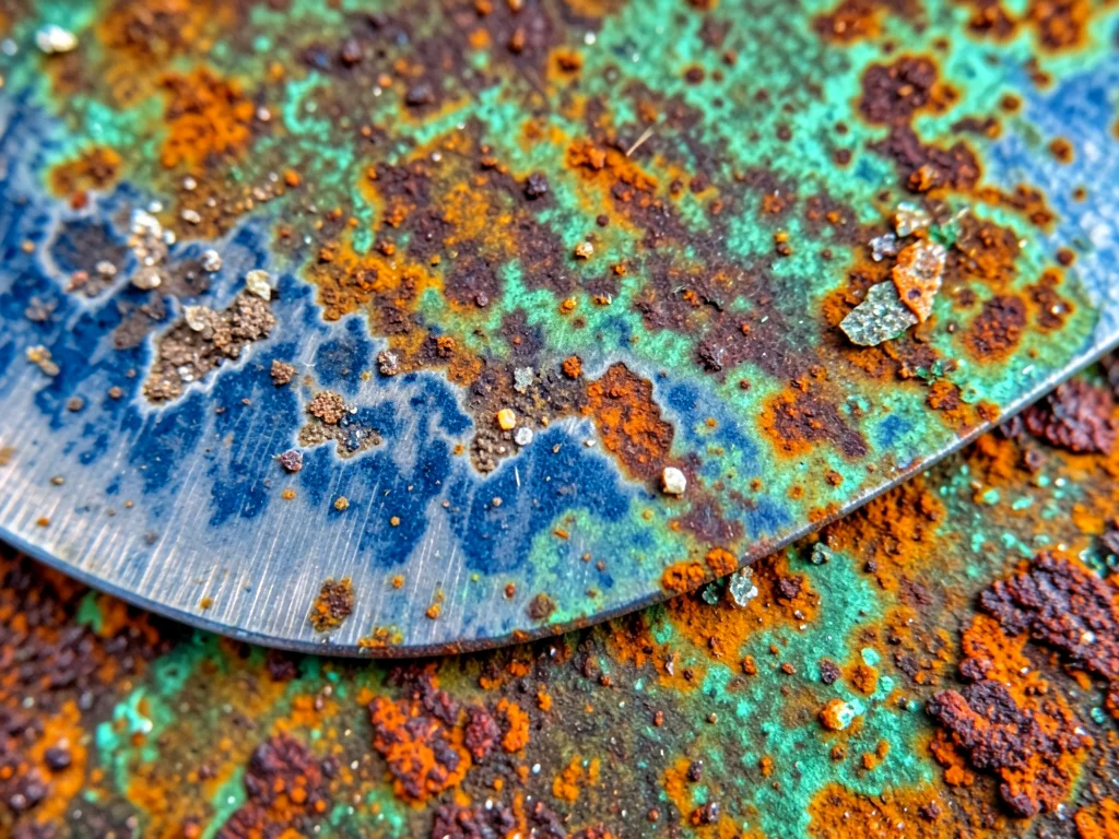 Steel knife patina, forced patina from cutting acidic foods, blue-grey discolora